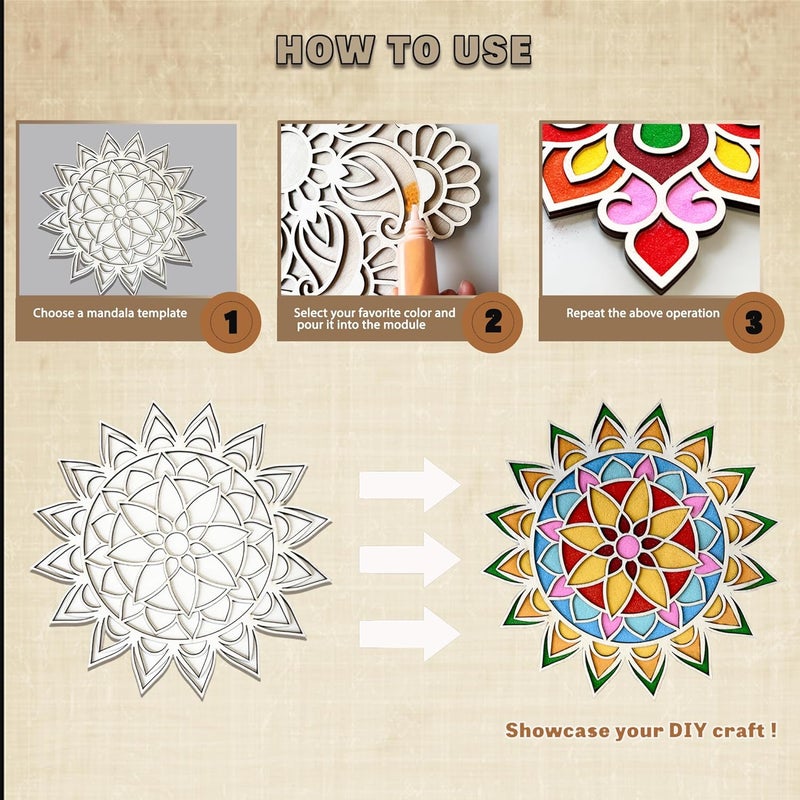 MLOLM Wooden Rangoli Sand Art Kit - 6-Piece Reusable DIY Mandala Puzzle Mats with Rangoli Color& Brush for Diwali, Home Festival and Party Decoration (3 Sizes) - Image 3